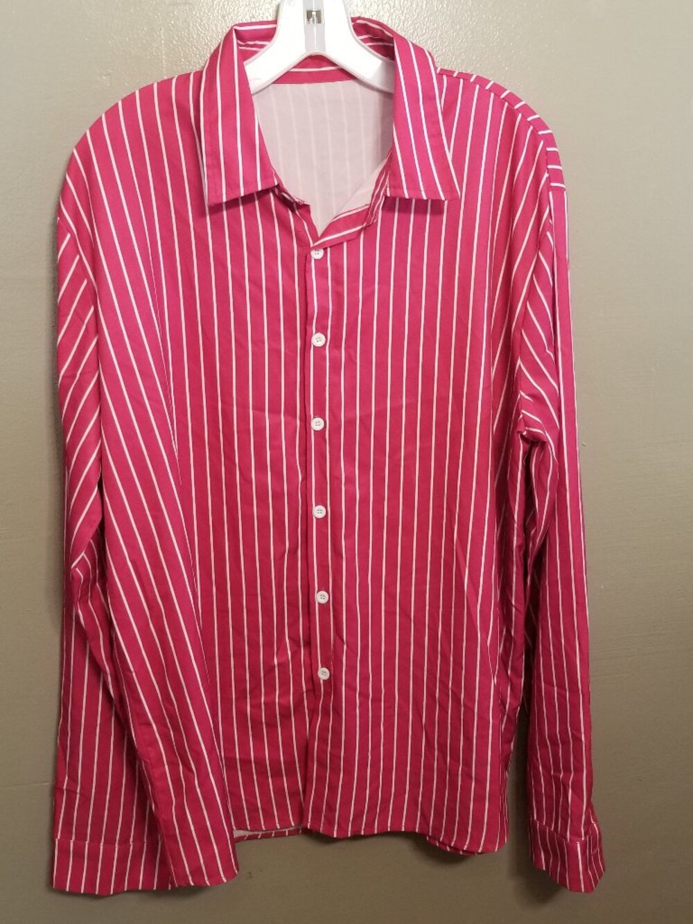 Pink and White Striped Long Sleeve Button Down Shirt, XXL